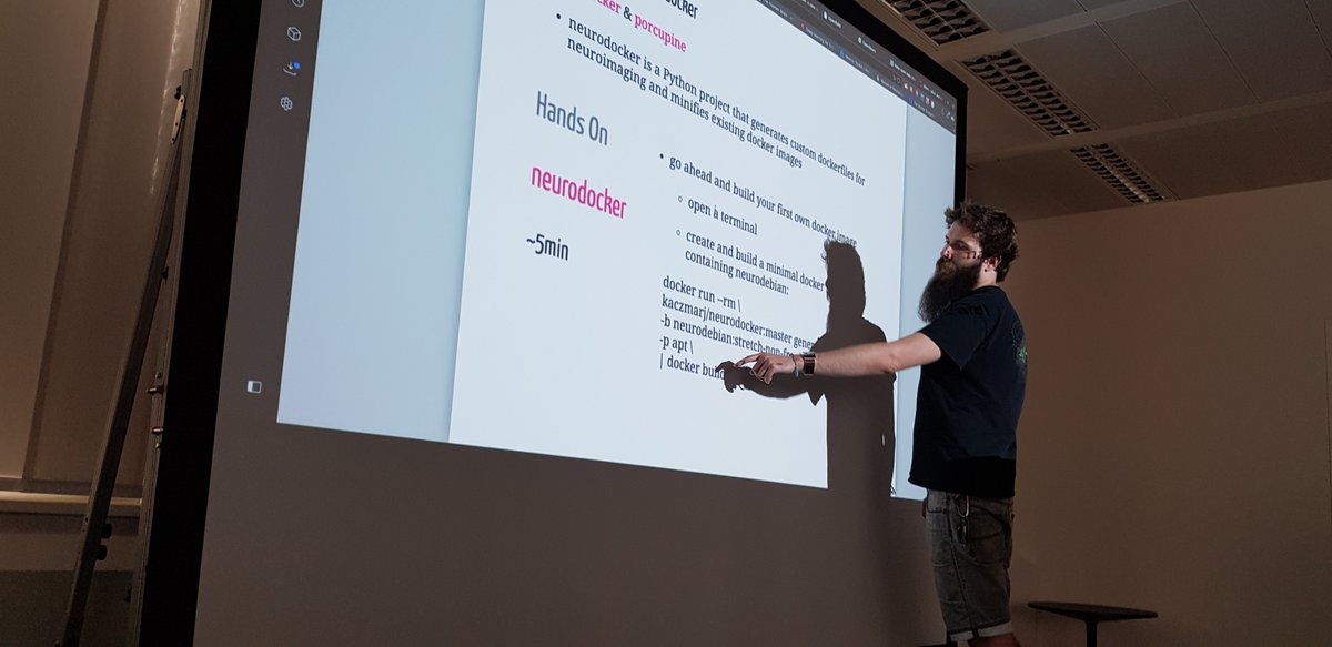 miyka_el's tweet photo. Big @peerherholz with his big beard is talking about big ideas: #neurodocker, #bids, #openneuro, #datalad, #neurovault - all content for our #openreproneuro2018 workshop can be found here: https://t.co/2rwnQgyeAI https://t.co/ISqB2CDaud