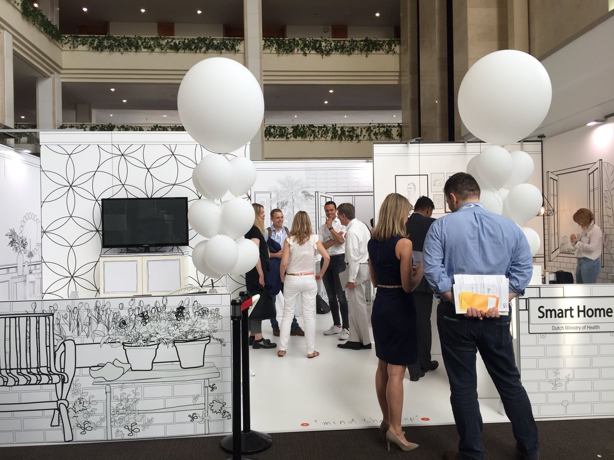 health20Paris's tweet photo. Two remarkable signs of the important #Dutch presence at #HIMSSEurope18 My friend for a decade @lucienengelen (buy his newest book #augmentedhealth ) and the #connectedhouse exhibit #healthIT https://t.co/0VoA7AseSz