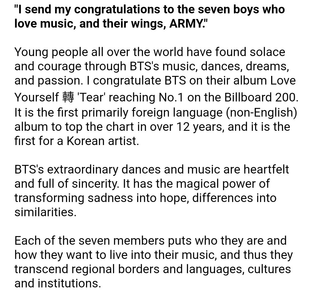 btsbighit_trans's tweet photo. 180528 Republic of Korea's President Moon Jae In's Congratulations Message to BTS

note: The official English ver. was a slightly abridged ver. of the original, so I included my own translation of the full original Korean ver. too. https://t.co/TjRrHF7huq