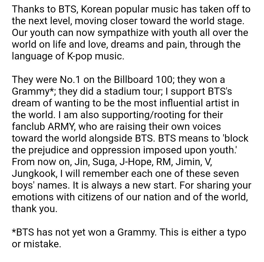 btsbighit_trans's tweet photo. 180528 Republic of Korea's President Moon Jae In's Congratulations Message to BTS

note: The official English ver. was a slightly abridged ver. of the original, so I included my own translation of the full original Korean ver. too. https://t.co/TjRrHF7huq