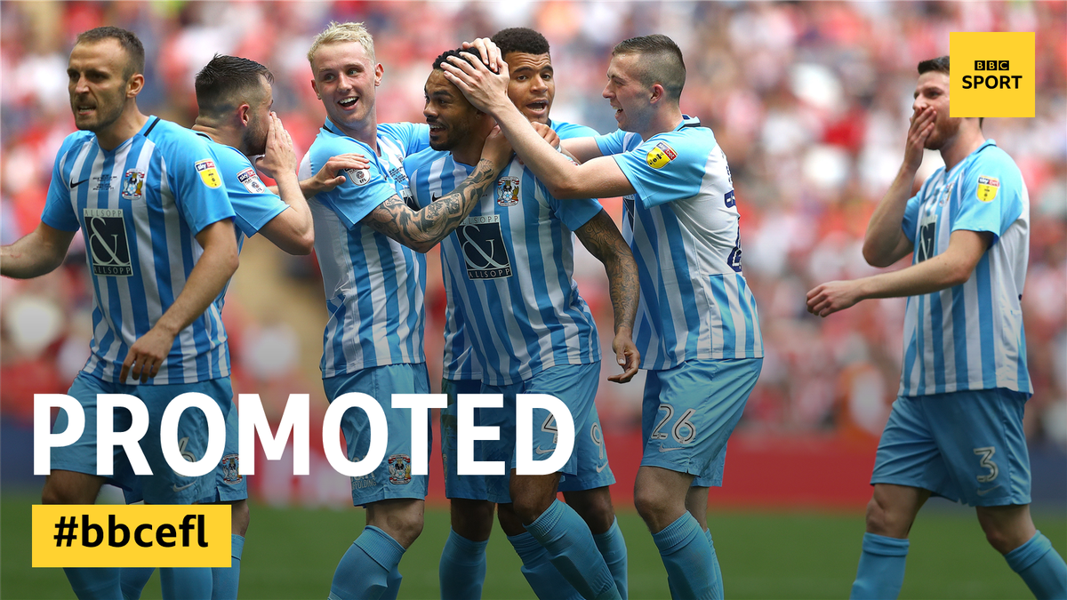 FT: Coventry City 3-1 Exeter City 

Coventry City have got back up to League One at the first attempt.

It's their first promotion since 1967! 

#bbcefl bbc.in/2xmNYe2