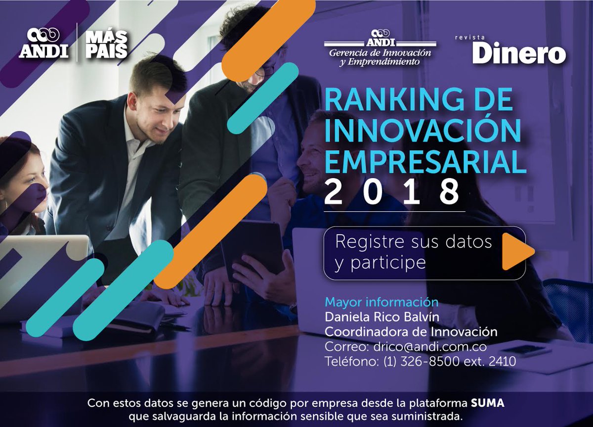 RUPIVColombia's tweet photo. La @ANDI_Colombia y la @RevistaDinero  están realizando el #Ranking de #Innovación empresarial 2018. Regístrate y participa: https://t.co/LluwAuTsxC https://t.co/JEAp1BKgYs