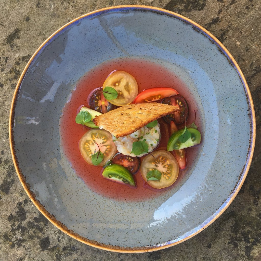 It’s all about the food today at Le Talbooth with a photo shoot - here’s my take on the heritage tomatoes and tiger prawn tartare with tomato consommé from the new summer menu #summer #outsidedining #riverside