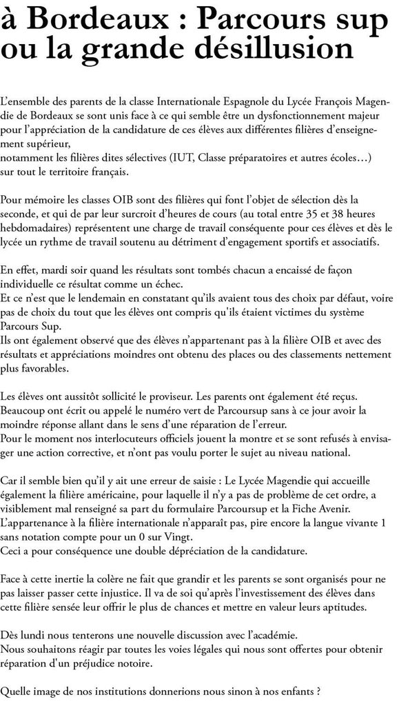 Kbri5's tweet photo. #parcoursup de plus en plus de situations problématiques ! voici un communiqué transmis par une amie Bordelaise son fils fait partie de la cohorte des postulants à l'enseignement supérieur victimes de  PARCOURSUP
#parcoursupercherie #désillusion https://t.co/q6synw9B3N