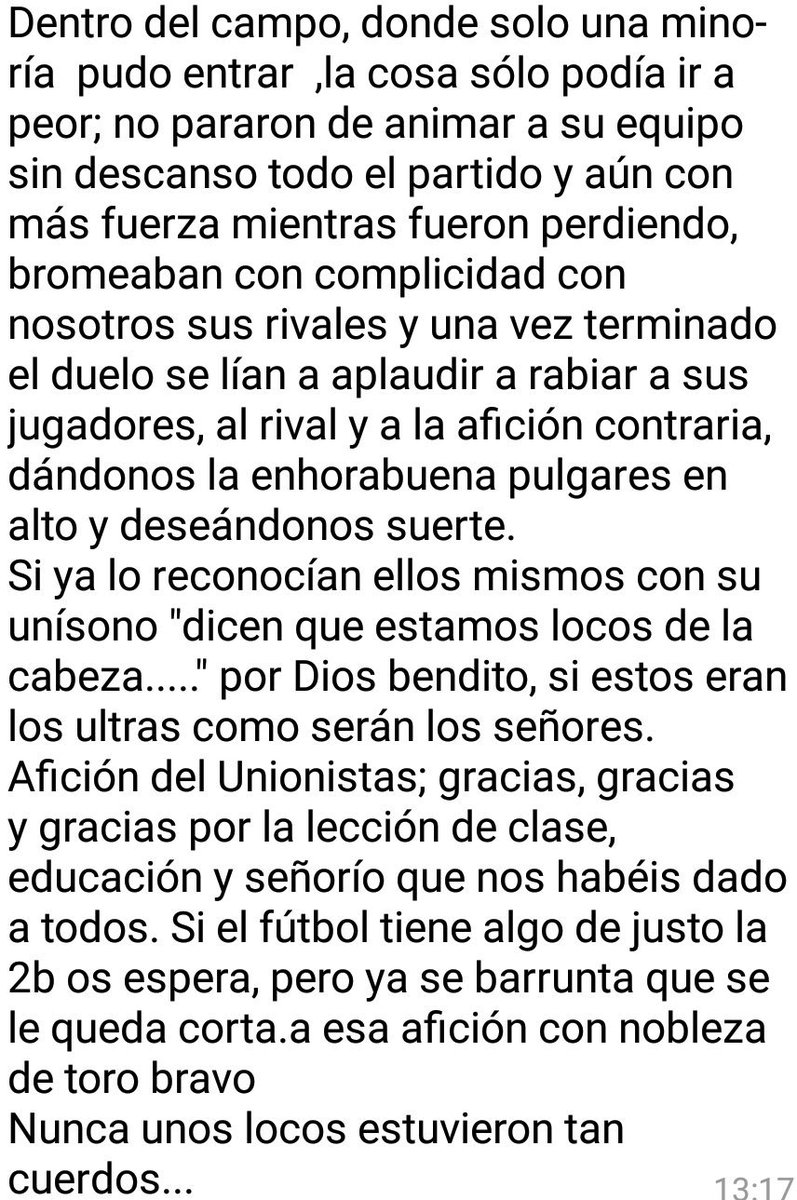 CDDonBenito_'s tweet photo. Esto es lo q circula hoy por todos los whatsapp de #DonBenito sobre la afición de @UnionistasCF 
Merece la pena leerlo, GRANDES!
@Cddonbenito1928 https://t.co/KJny2zMKPM