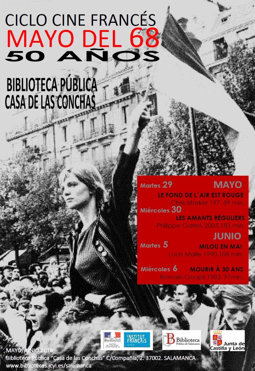 Para conmemorar los 50 años del #MayoFrancés o #MayoDel68, proyectamos un #CicloDeCine francés durante 4 dias.Aquí todos los detalles de la programación: bit.ly/2IUIs3J 20 h. Salón de Actos de la #biblioteca. Entrada libre hasta completar el aforo facebook.com/events/3400175…
