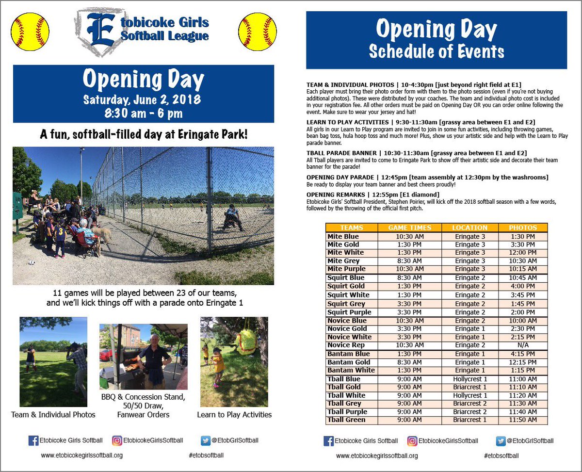 EtobGrlSoftball's tweet photo. Our Opening Day is this weekend!
See you at #eringate park in #etobicoke Saturday June 2nd!
Come by for a hamburger & watch some fun softball!!💙⭐️
RT to spread the word! https://t.co/Ch72iBEA0Y