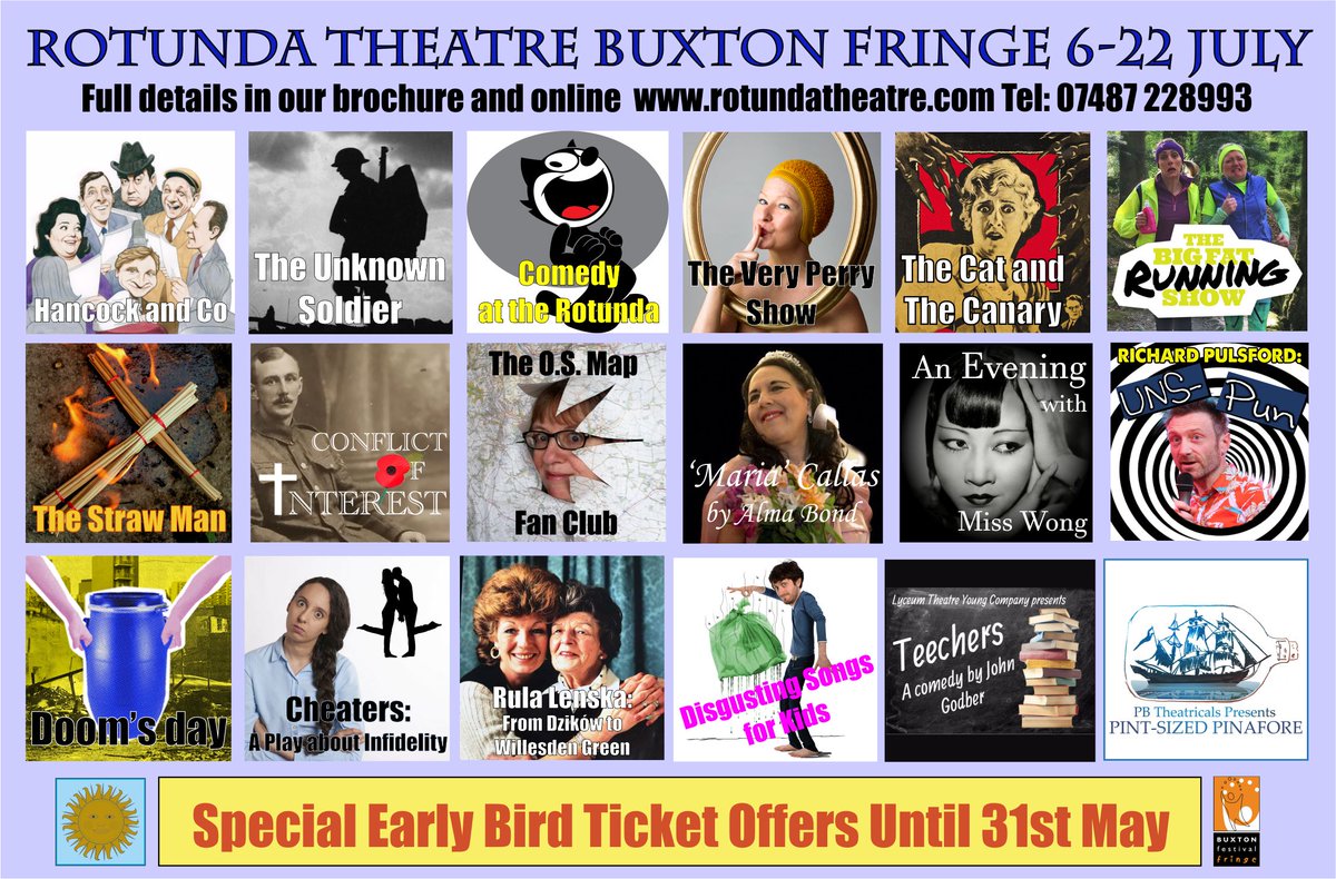RotundaDome's tweet photo. EarlyBird Offer Ends 31 May! Get tix now for these @buxtonfringe shows: The O.S. Map Fan Club @HelenNicolaWood; #Teechers by John Godber by @CEYT1; Cheaters: A Play on Infidelity by @KinkyBootInst @LewCharlesworth https://t.co/6reujvCkib #Buxton #PeakDistrict #Derbyshire https://t.co/hFILjX6e4T