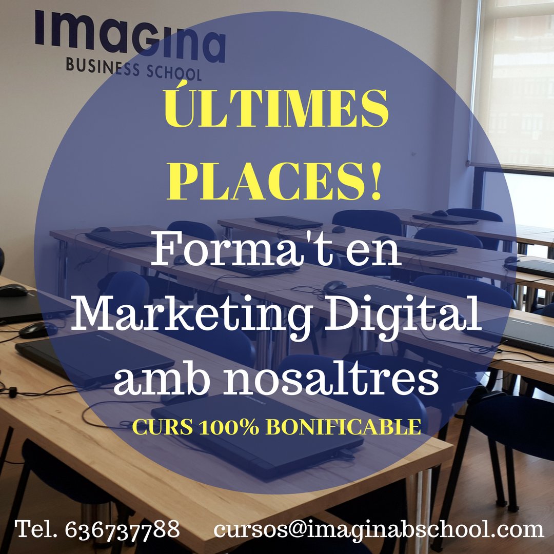 imaginaBS's tweet photo. Aconsegueix les últimes places 🔝 pel curs de Marketing Digital &amp; Social Media! 💻 Forma't amb nosaltres i sigues tot un expert! 🎓👍
 . 
📩 cursos@imaginabschool.com 
📞 636 73 77 88 https://t.co/FT0v8ckqwG