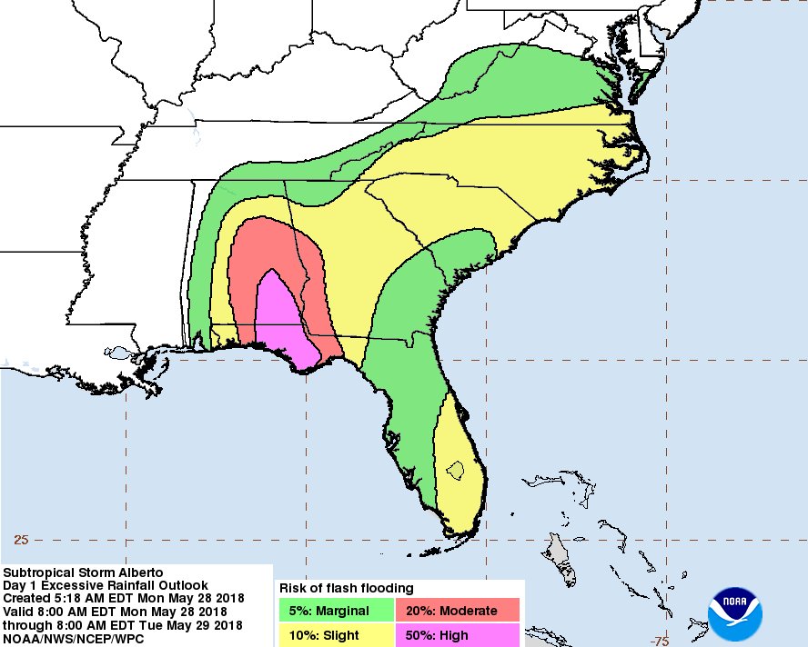 NWSAtlanta's tweet image. Here is the latest information from the 8 AM EDT advisory. #Alberto has slowed slightly but remains on a similar track and time frame to impact Georgia. #gawx