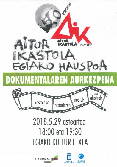 AitorIkas50's tweet photo. Aitor Ikastolaren 50 urteetako historia jasotzen duen dokumentalaren aurkezpena bihar Egiako Kultur Etxean eskainiko da, 18.00etan eta 19.30etan. 50 urteetako ibilbidea hainbat protagonisten ahotik jasotzen da dokumentalean, galdu ezin den hitzordua! #aitor50 https://t.co/dm2dvIsCvo