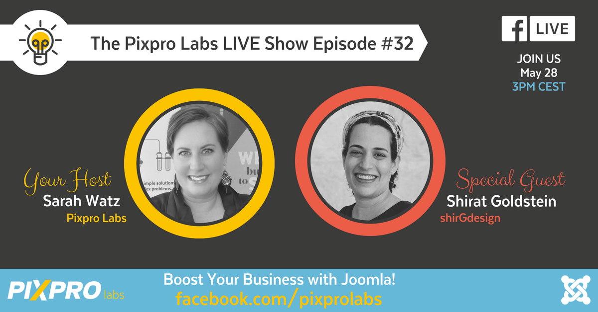 pixproglobal's tweet photo. Join @sarahwatz on @pixprolabs LIVE Show #32 with special guest @Shirdesign from shirGdesign in 5 min. Get notified, ask your questions and join us here: https://t.co/5YXVgBVGeD #joomla #business #grow https://t.co/et2oSkg3Da