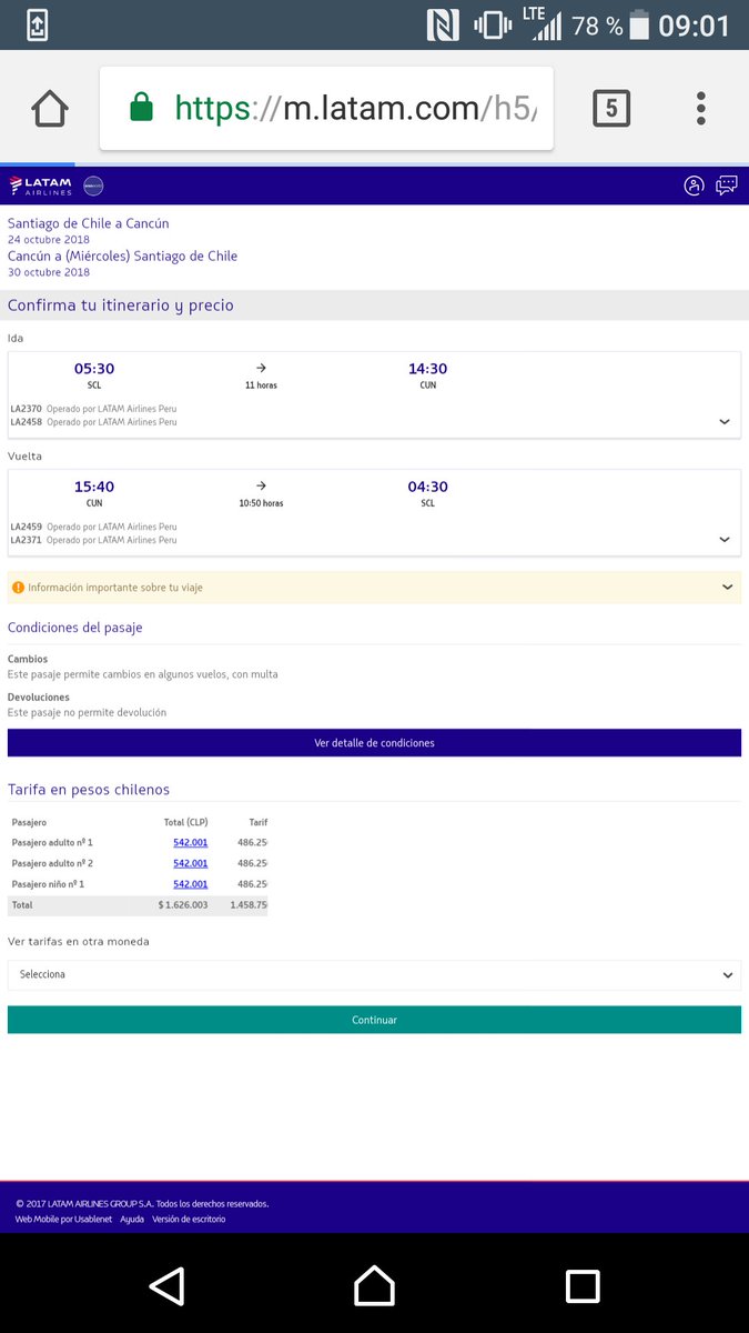 mutisoriginal's tweet photo. @LATAM_CHI Buen día, gracias por la respuesta. No estoy de acuerdo con su información, si bien el precio de la madrugada pudo ser un error, acabo de hacer la misma cotización en los mismos términos y hay disponibilidad y la tarifa es la misma que ayer domingo. Por tanto no veo la oferta https://t.co/5NvsPHc694