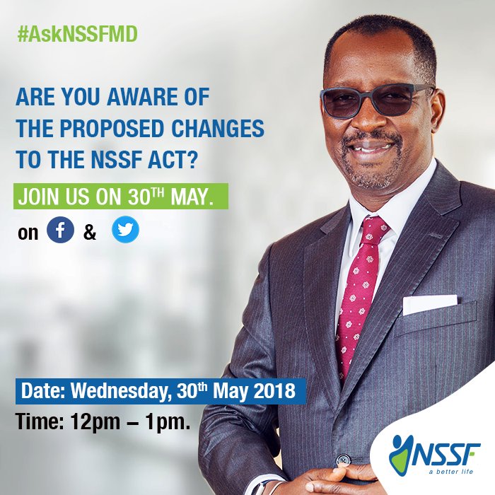 StKyamutetera's tweet photo. Well, u have heard and read about impending changes in the #NSSFACT. If U r an @nssfug saver like me, you prolly want to know what this means to you & your savings. Well, this Wednesday, you can #AskNSSFMD all about the planned changes. Send your Question to @nssfug now. https://t.co/KlVaQybqfi