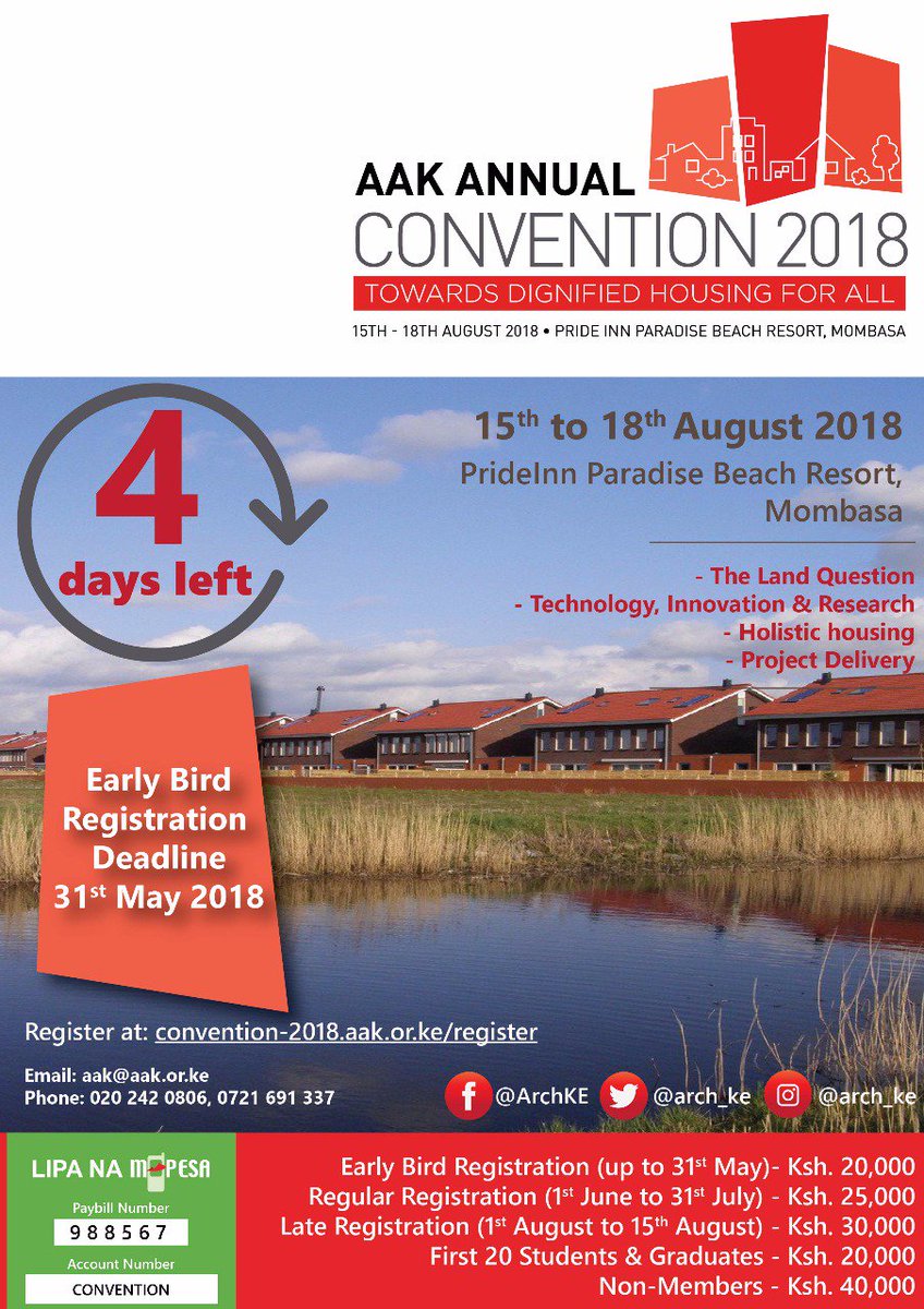 Have you registered for the AAK Convention? The early bird offer ends on 31st May 2018. Book your slot now by paying only Ksh. 20,000 via paybill number 988567; Account name: Convention.  
Register now at convention.aak.or.ke