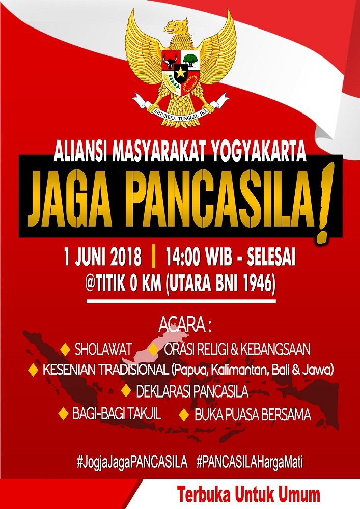 BemDiy's tweet photo. Peringatan Hari Lahir Pancasila  #01Juni2018 . Ayo bergabung dan sukseskan. Tunjukan seberapa besar Pancasila di dalam hatimu #JogjaJagaPANCASILA #PANCASILAHargaMati #JagaPancasila  #forumbemdiy #fbd #BemDiy  #bemdiy #mahasiswa #jogja #indonesia #Jogja24jam #NolKmJogja https://t.co/8X1KAdjDZP