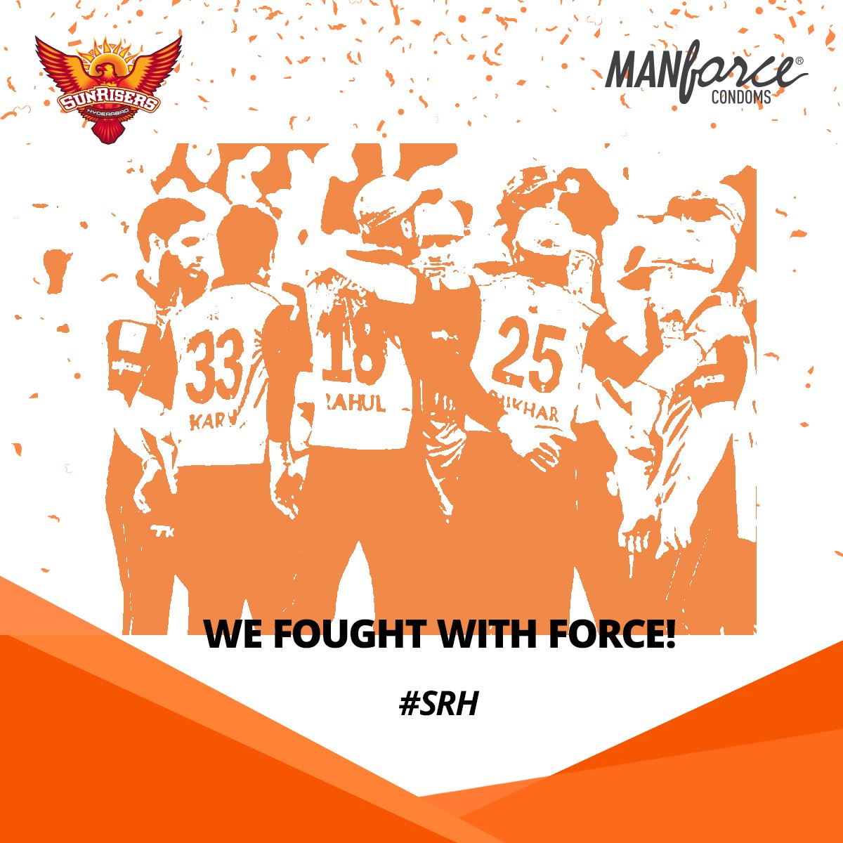ManforceIndia's tweet photo. The one thing that no one can take away from us is our fighting spirit. Well played throughout the season, @SunRisers.
#OrangeArmy #ManforcePowerplay #IPL2018 https://t.co/qo89L9A3Ht