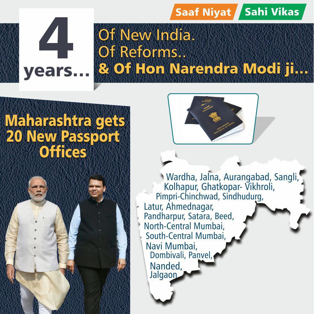 Dev_Fadnavis's tweet photo. 4 years…
Of New India.
Of Reforms..
And of Hon @narendramodi ji…

Maharashtra gets 20 New Passport Offices

#SaafNiyatSahiVikas 
#4SaalModiSarkar https://t.co/b16knE03TA