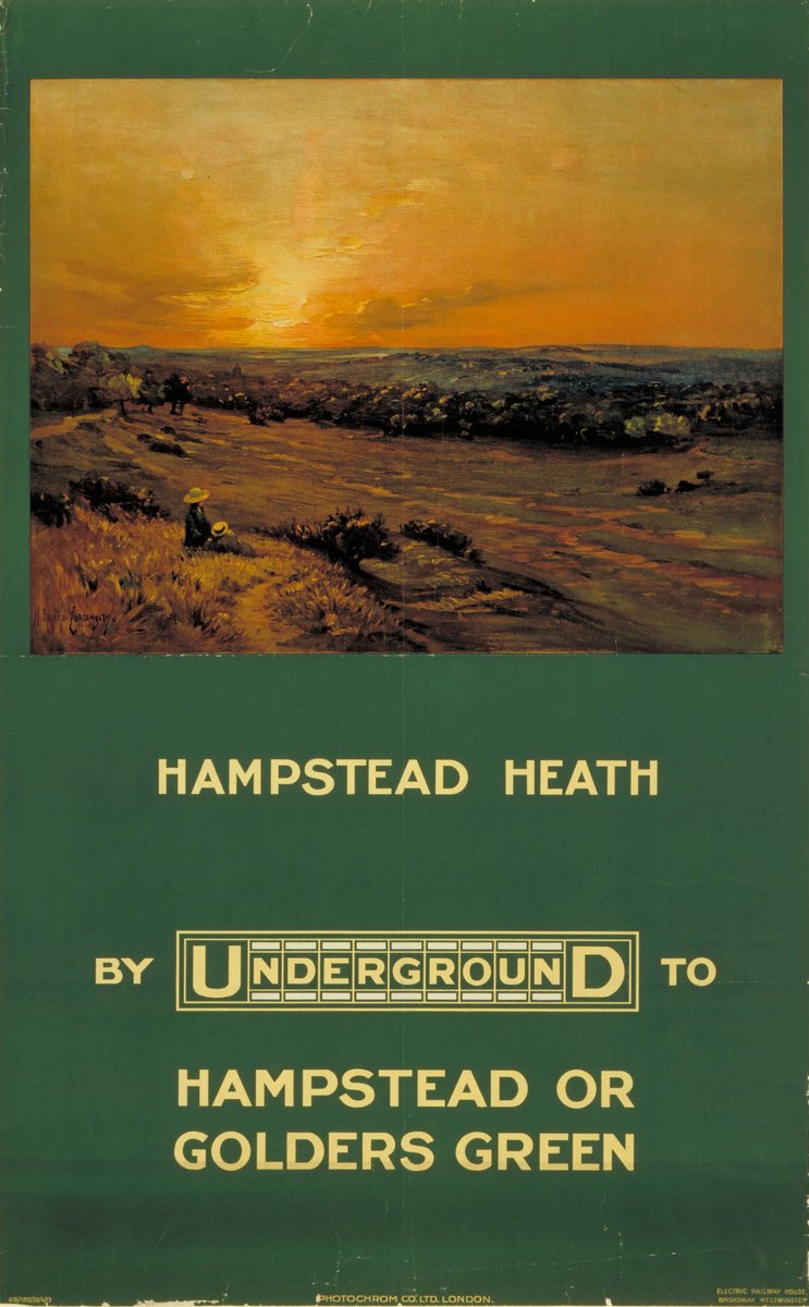 TfL's tweet photo. This simple 1913 view of Hampstead Heath may look different these days but the chance to visit it by Tube still remains! Off-peak fares to Hampstead or Golders Green on the @Northernline are just £1.50 if you avoid Zone 1. #tflposters #offpeaklondon https://t.co/n42JoYL81o https://t.co/OWIxR8Du2o