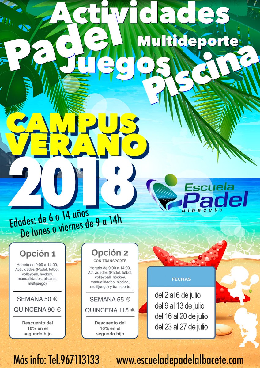 ¡Tenemos el plan perfecto para tus hijos este verano!

Pádel, juegos, talleres, piscina y todo ello con nuestros mejores monitores y con toda la confianza de siempre. 

Más información: 967 113 133