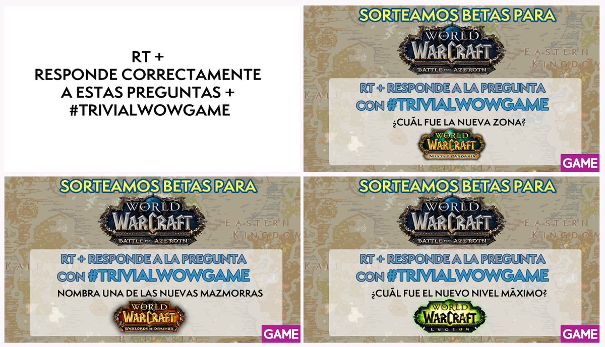 VideojuegosGAME's tweet photo. ¡ÚLTIMO TUIT de preguntas! 😱

Esta vez son 3 en vez de 2, ¡así que con este tuit tienes más oportunidades de ganar un código para la BETA de Battle For Azeroth.
Recuerda: RT + Responde a las preguntas + #TrivialWOWGAME.
⏲ Tienes hasta mañana a las 14h

https://t.co/W89GWB73UP https://t.co/nrEWn8w9RI
