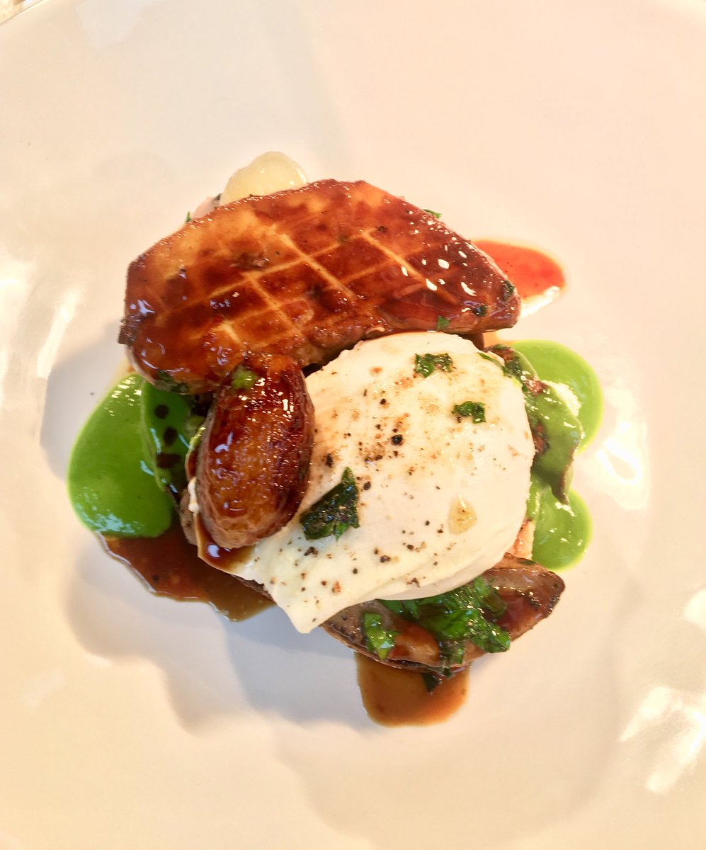 Quite possibly one of the filthiest plates of food we’ve ever served, cèpes on toast (spread with foie gras parfait) with hot foie gras, poached egg, parsley, garlic and red wine