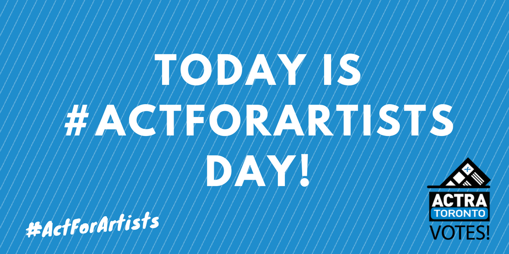 ACTRAToronto's tweet photo. Today is #ActForArtists Day! We are going to encourage candidates to commit to supporting Ontario's film and TV industry, one that has created 33,000 jobs and contributed $1.6 billion to the economy. We hope you join us in getting candidates to pledge! https://t.co/4Zr14SVkWv