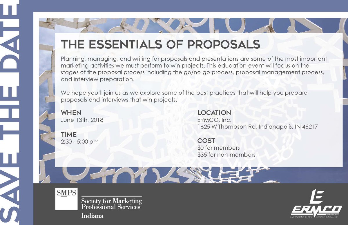 SMPSIndiana's tweet photo. Don’t forget to sign up for The Essentials of Proposals Workshop on June 13! This event will focus on the stages of the proposal process. View the flier below for more information and visit https://t.co/IQQOb5qKkP to register. #SMPSIN #educationseries #proposalprocess #marketing https://t.co/ITXhle4t2s