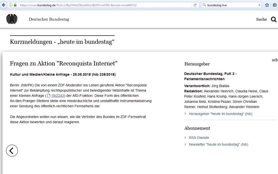#ReconquistaInternet hat es innerhalb eines Monats in den Bundetag geschafft. Wir lange brauchte die #AfD dafür noch gleich? 🤔 

Hier die Antwort auf Ihre kleine Anfrage. #WerNichtFragtBleibtDumm 
reconquista-internet.de/portfolio/klei…