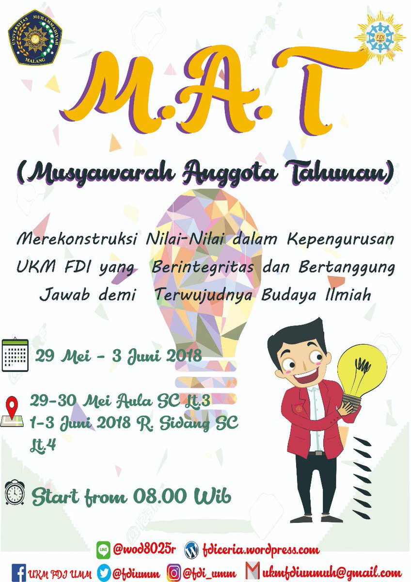 Yuk ikutan MAT, demi UKM FDI yang lebih baik😊 Khusus hari Selasa &amp; Jumat dimulai pukul 08.00, selain hari Selasa &amp; Jumat dimulai pukul 14.00
