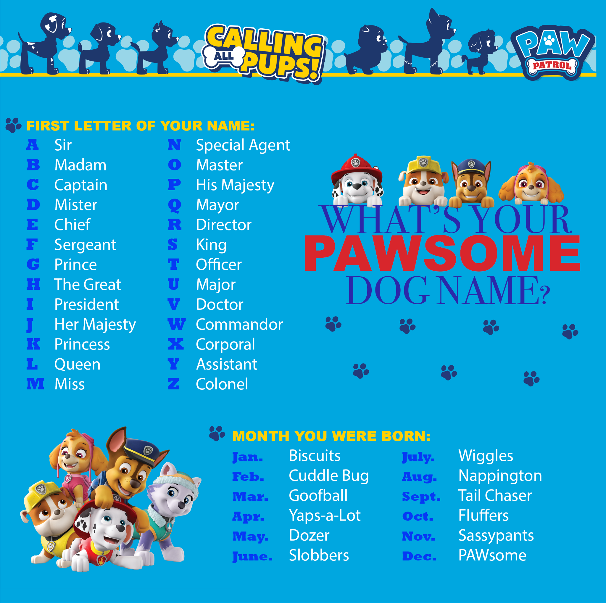 PAW Patrol on Twitter: "What's your PAWsome dog name? 🐶 #PAWPatrol… "