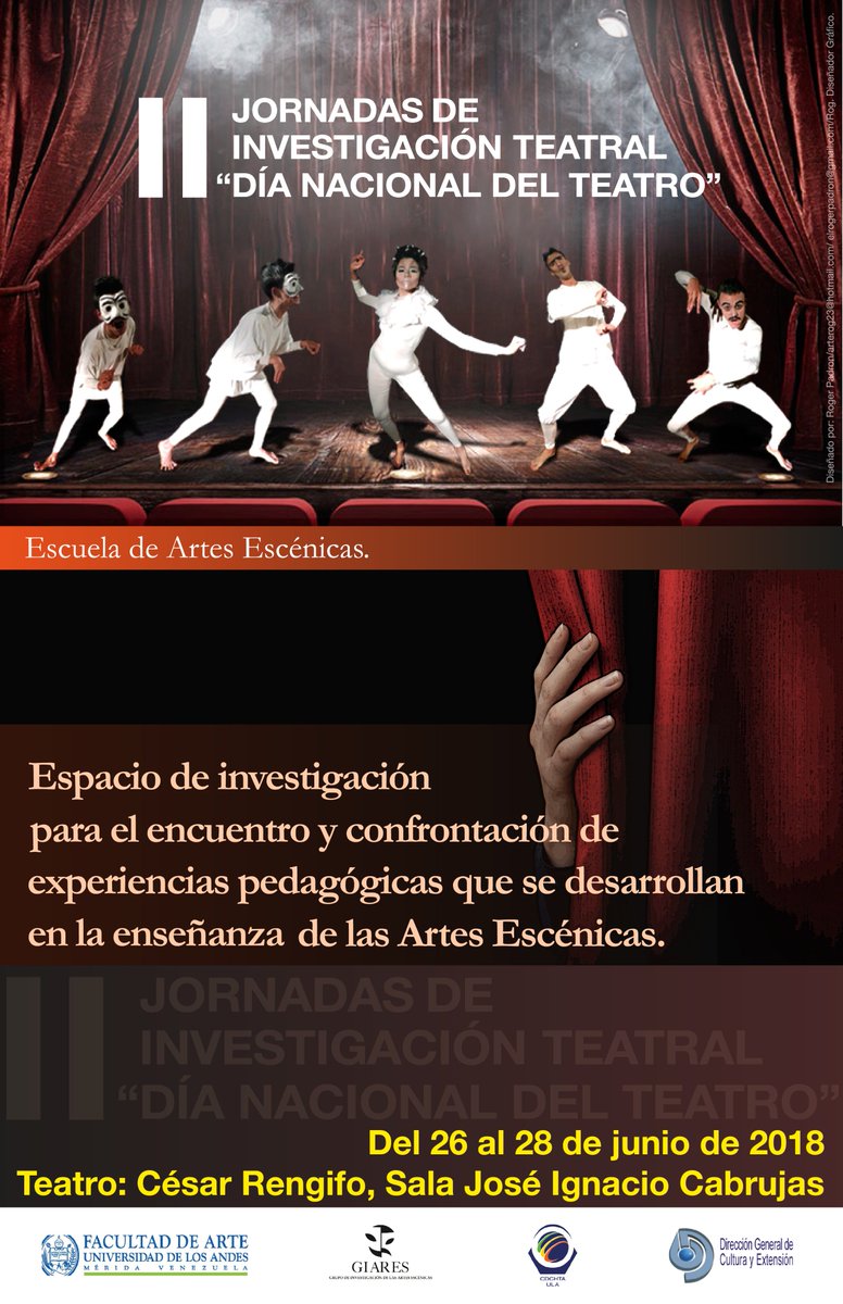 Estamos recibiendo las propuestas para participar en la II JORNADA DE INVESTIGACIÓN TEATRAL "DÍA NACIONAL DEL TEATRO". Participa!!! Para mayor información …nadainvestigacionteatral.blogspot.com #Teatro #Investigación #Artesescénicas <a href="/FacuArteULA/">Facultad Arte ULA</a> <a href="/EAEULA/">EArtesEscénicasULA</a> #Mérida #Venezuela