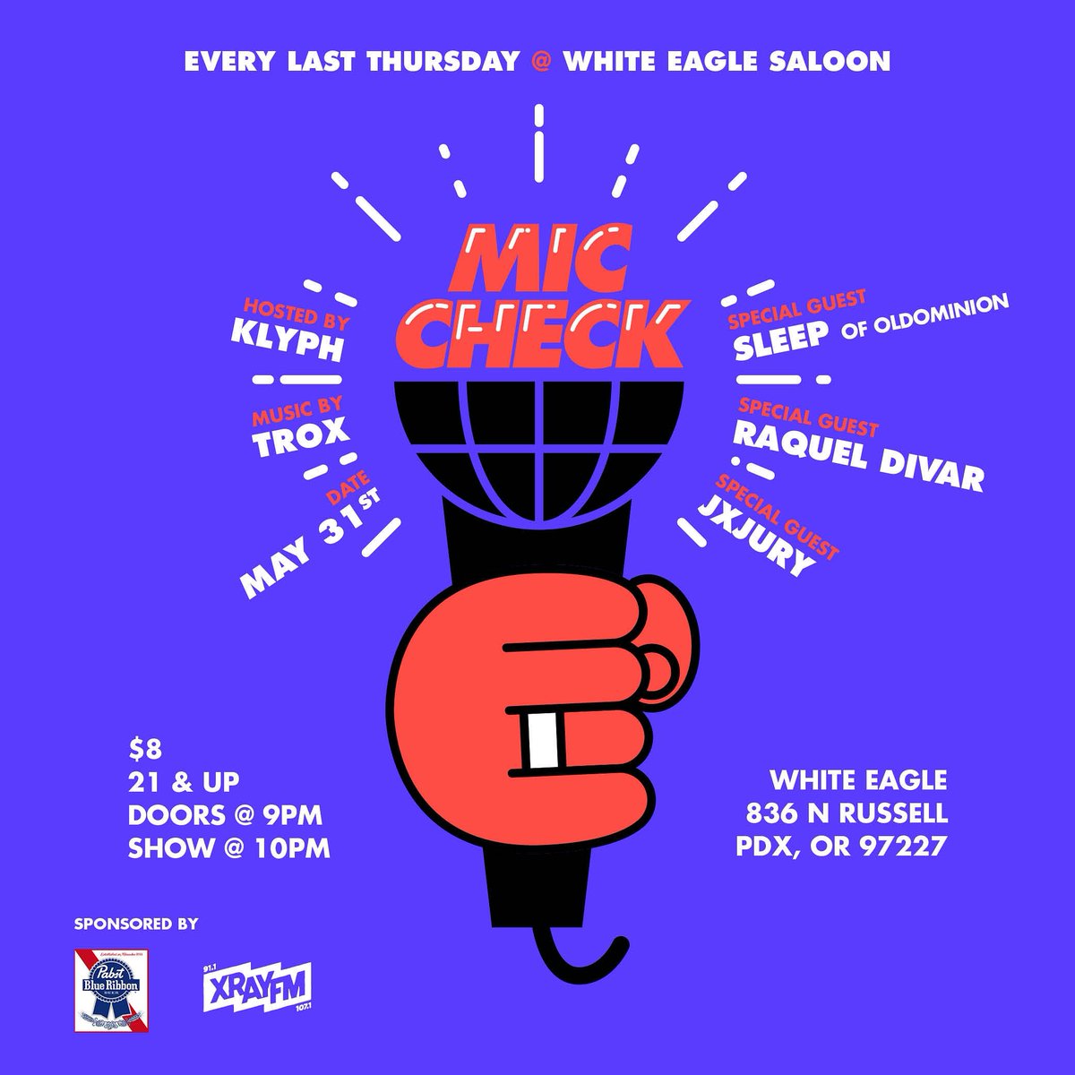 MicCheck_PDX's tweet photo. Just days away from @SleepSFR @Raquel_Divar @JxJury at the May edition of #MicCheckPDX Come rock w/ @iamTROX & @djogone Connect w/ @djklyph if you want to get on the #OpenMicCheck https://t.co/19engl3rqf