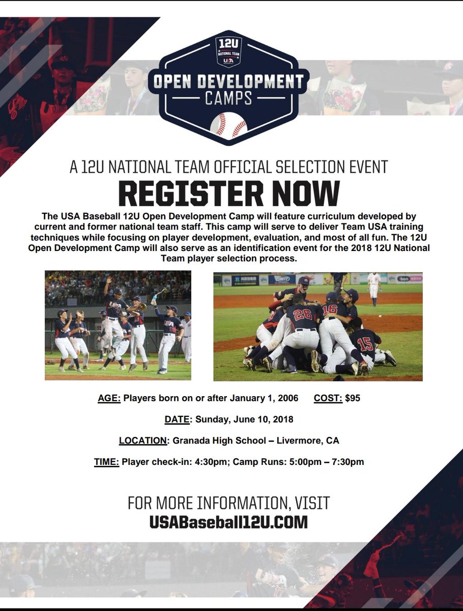 Northwest_NTIS's tweet photo. The final 12U Open Development Camp is set for Jun 10th st Granada HS in Livermore.  5pm start so after tournaments are done.  Players born in 2006 or after will be identified from this camp for the 2018 @USABaseball12U National Open.  #play4USA https://t.co/7a4TzNxCPC
