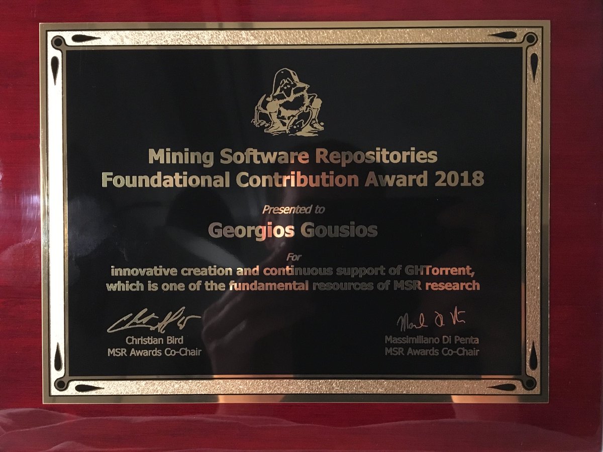 GHTorrent received the foundational contribution award at MSR 2018! #msr18