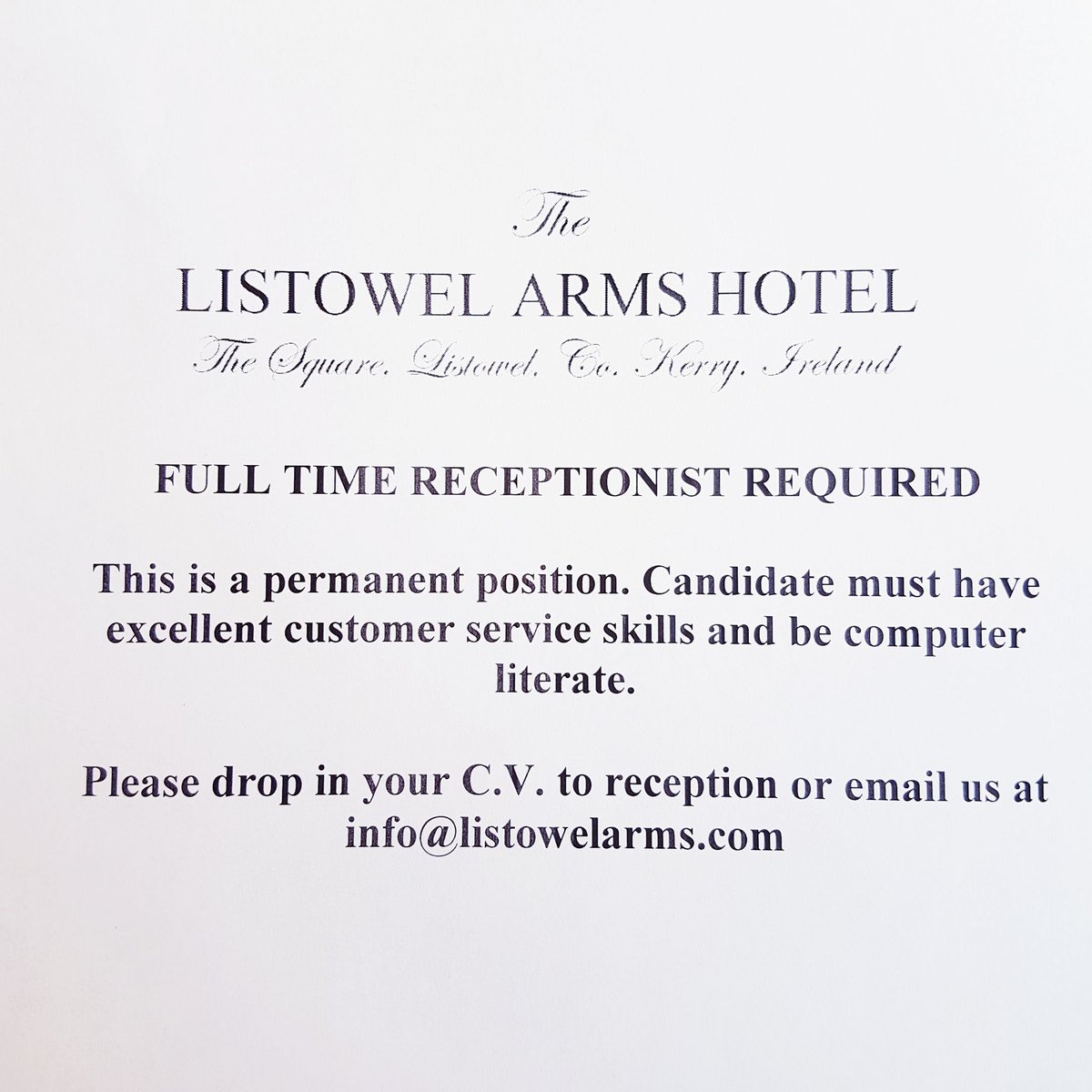 Full time receptionist required. Please email info@listowelarms.com or call 068 21500 for more info. 
@nkerrycollege @kerryjobfairy @JobsinIreland @LimerickJobs @irishjobfairy @SPINSouthWest @radiokerry