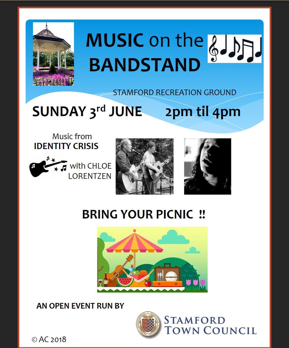 StamfordTC's tweet photo. After last years successful event we’re repeating Music on the Bandstand - next Sunday at the Recreation Ground starting at 2pm. Featuring Identity Crisis and the amazing Chloe Lorentzen and it’s all FREE! @Mercury1712 @StamfordPerson @StamfordLiving1 @CouncillorCroft https://t.co/lPKOXDQVPa