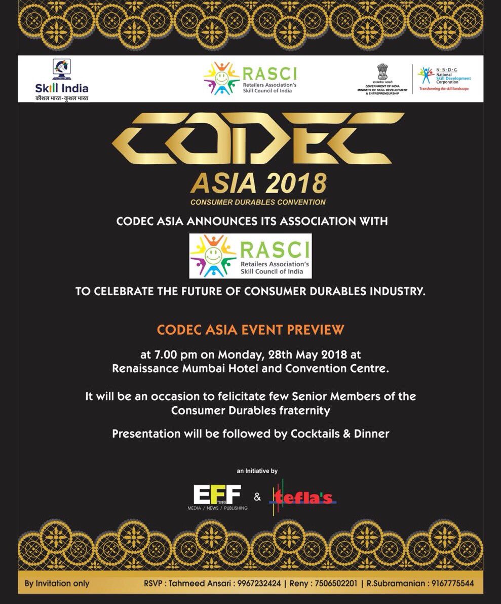 RasciOnline's tweet photo. Mr James Raphael giving an introduction about RASCI and the synergies for the consumer durable industry at CODEC Asia 2018 - Consumer Durables Convention., Renaissance, Mumbai.

#Retail #India #RASCI #SkillIndia #NSDC #IndiaSkills #WorldSkills #Rajeshagrawal #AnantkumarHegde https://t.co/OqUFLZ06zB