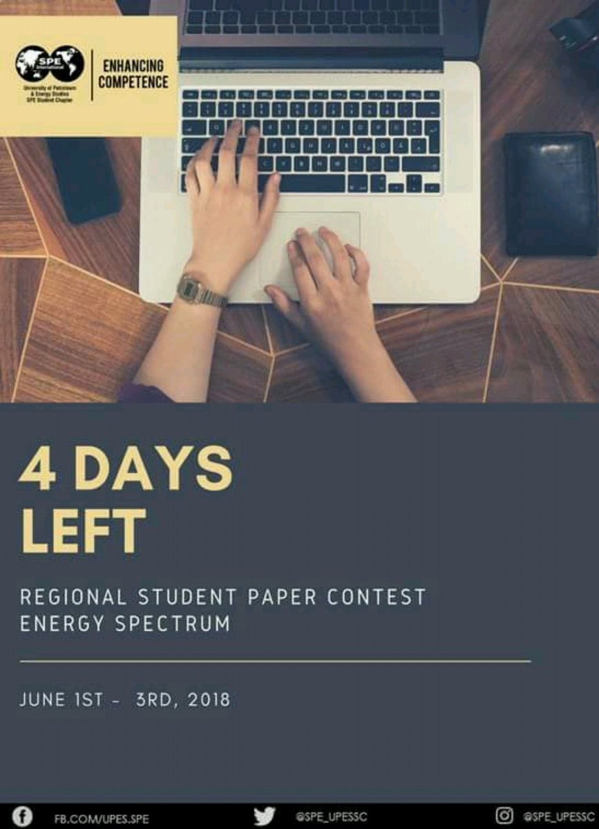 spe_upessc's tweet photo. 4 days to go!
@SPEtweets
#RSPC18 #UPES_SPE #EnhancingCompetence #EnergySPEctrum https://t.co/bqHPehkimE