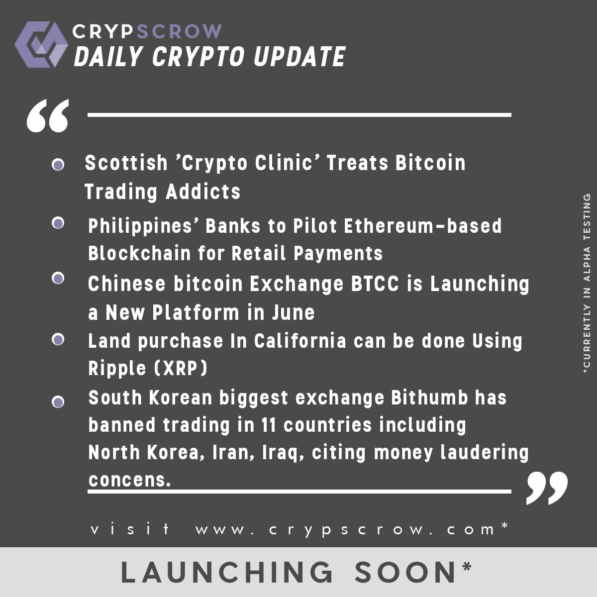 CrypScrow's tweet photo. #dailycryptoupdate #cryptonews #cryptoclinic #scotland #treats #cryptotrading #addicts #philippines #pilots #ethereum #retailpayments #btcc #launching #newplatform #landpurchase #california #using #xrp #bithumb #bans #trading #11countries #northkorea #iran #iraq #crypscrow https://t.co/HcI5qGH9Ej