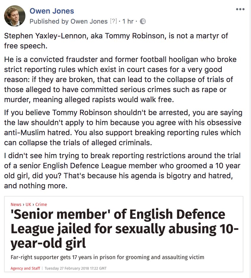 owenjonesjourno's tweet photo. No, "Tommy Robinson" is not a martyr of free speech.

He's a convicted fraudster who broke strict reporting laws, without which trials of alleged rapists would collapse and alleged rapists would walk free. https://t.co/xlZgJSeaJC