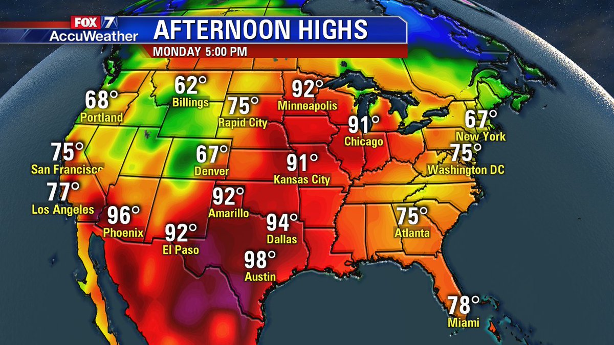 ChelsAndrewsWX's tweet photo. Texans aren't the only ones talking about 90 degree heat today...check out those high temps for Chicago and Minneapolis! #ohheysummer #txwx #atxwx #Austin https://t.co/vfH2CtodIj