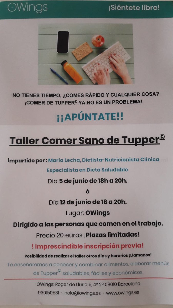 owingsbarcelona's tweet photo. !Nuevo taller en OWings!
Comer sano de Tupper©️ 😋🥗🍤🍅🍱🥦🍉🥝🥩🍐😃 !APÚNTATE! Plazas limitadas!! #comersano #dietasaludable #comerenlaoficina 🍜🥙🧀🥟🍕 https://t.co/pKJJLh3l22
