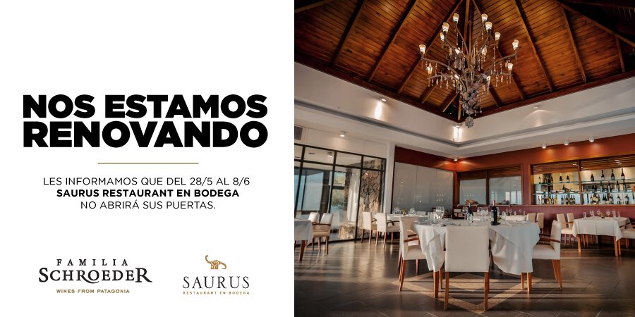 SchroederWines's tweet photo. Atención ⚠️
Les informamos que a partir del 28/05 al 08/06 #SaurusRestaurant no abrirá sus puertas. https://t.co/qjoYwZfWZO