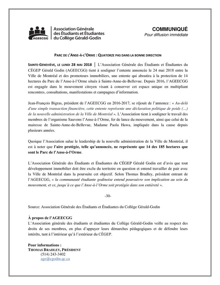 L'AGEECGG tient à souligner l'achat de 14 hectares par <a href="/MTL_Ville/">Ville de Montréal</a> dans ce communiqué de presse #sauvonslansealorme #polmtl 
<a href="/lAnsealOrme/">Save l'Anse-a-l'Orme</a> <a href="/Val_Plante/">Valérie Plante</a>  <a href="/BeisJim/">Dimitrios Jim Beis</a> <a href="/CeintureVerte/">MouvCeintureVerte</a> ageecgg.org/communiqu-de-p…