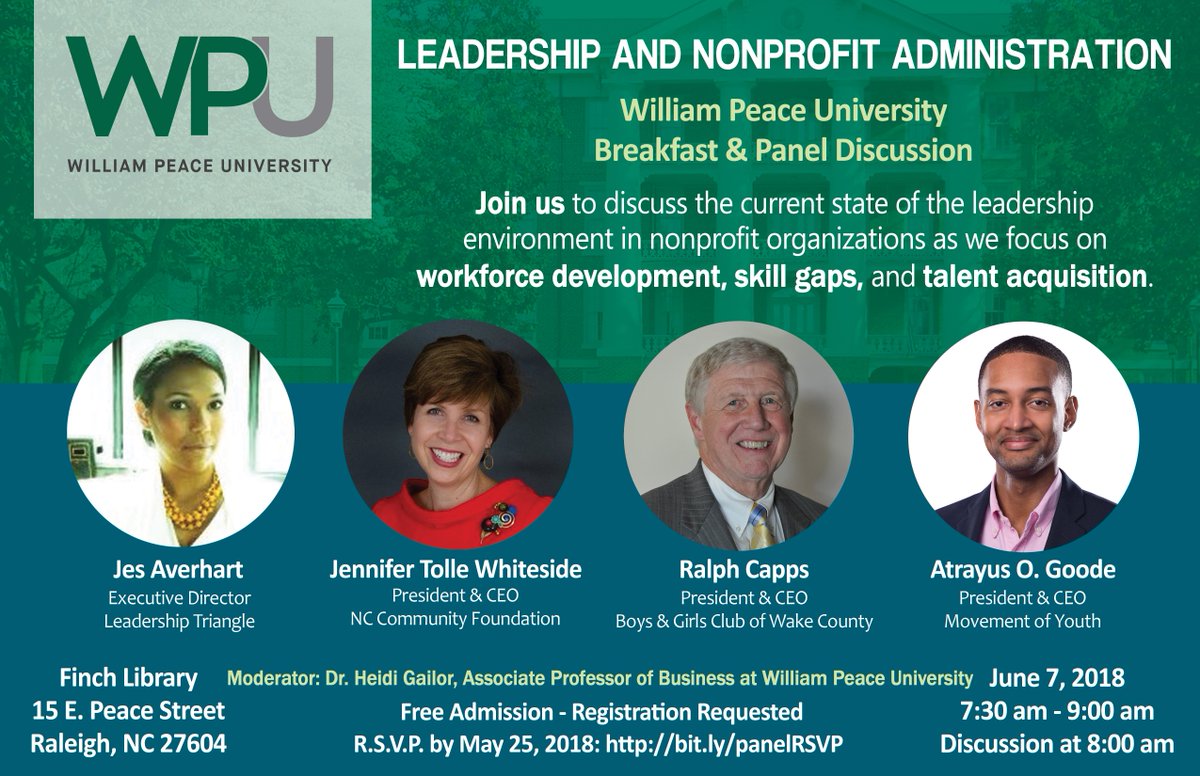 Don't miss the Leadership &amp; Nonprofit Administration Panel on June 7 at <a href="/WPeaceU/">William Peace Univ.</a>.