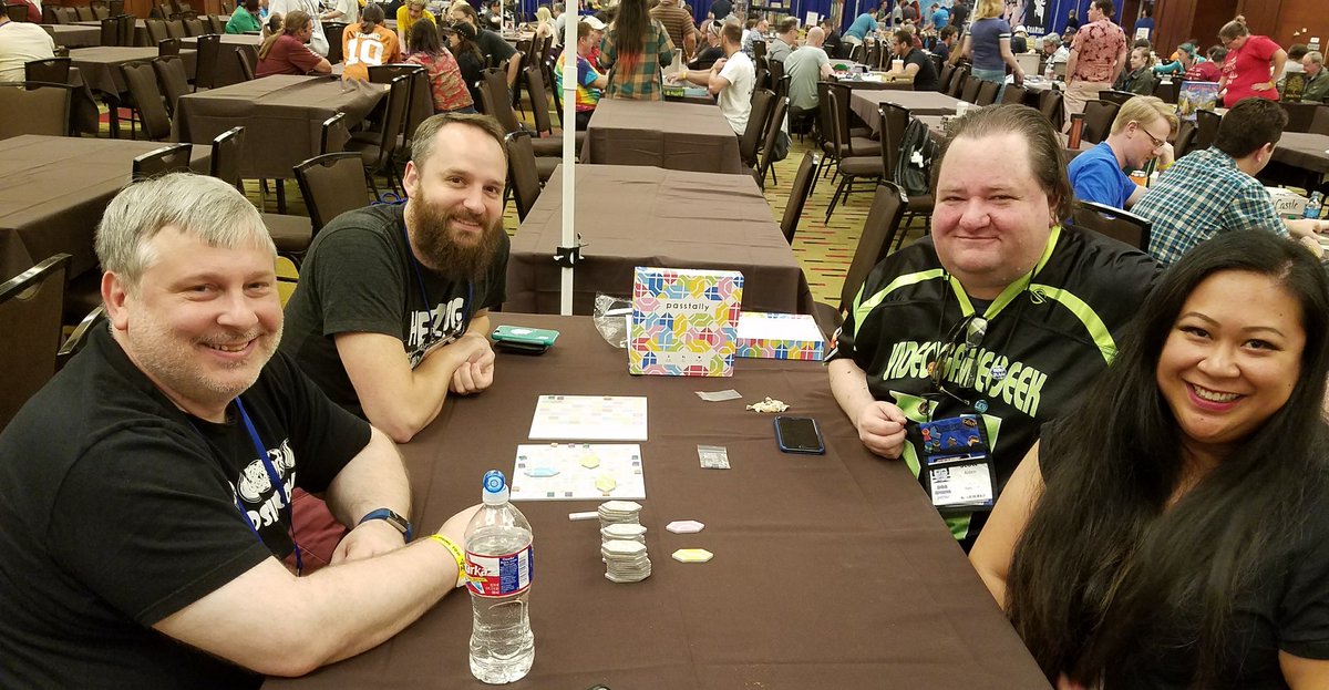 MeepleLady's tweet photo. Learning Passtally with @aldie, @atlanta_gamer and @ChrisBryanGames! #BGGSpring2018 https://t.co/X7xcrZXmlh