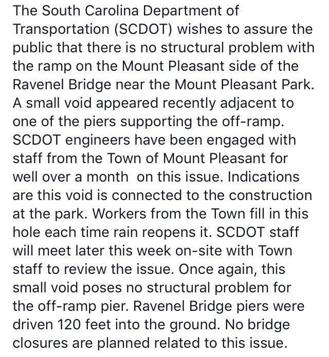 SCDOT wishes to assure the public that there is no structural problem with the ramp on the Mount Pleasant side of the Ravenel Bridge near the Mount Pleasant Park. A small void appeared recently adjacent to one of the piers supporting the off-ramp.