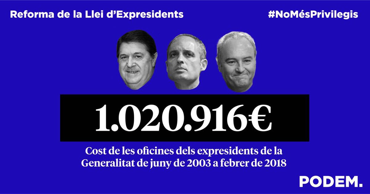 Prou de privilegis per als ex Presidents: acabat el seu mandat, no necessiten oficina, ni personal a càrrec, ni xòfers!
Ja està de bé d’esquilmar a la ciutadania!  #NoMésPrivilegis