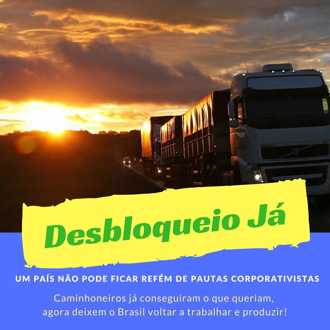 Os Caminhoneiros conseguiram, legitimamente, o que pleiteavam.  Agora é a hora de deixar o Brasil voltar a trabalhar e produzir.  CHEGA DE PREJUÍZOS.